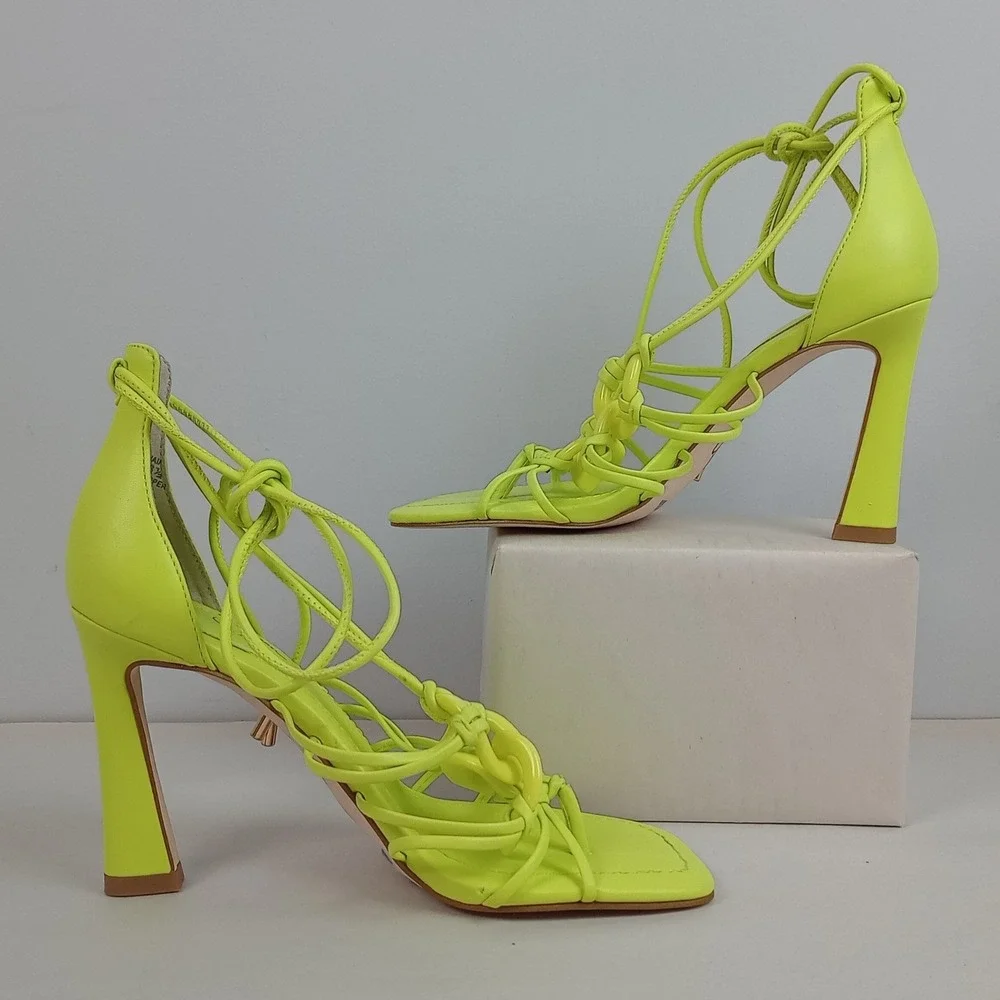 Jessica Simpson Womens 6 Neon Yellow Lace Up Strappy Chain Heel Achaia Sandals